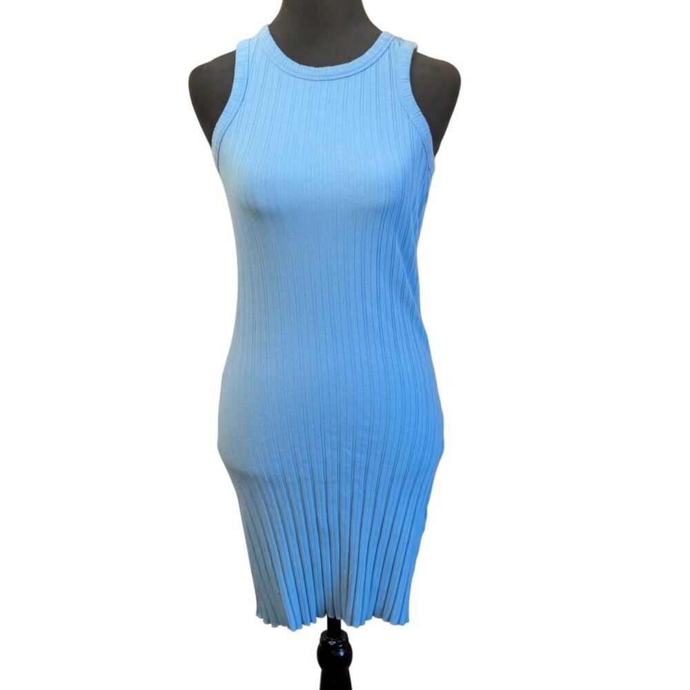 AND NOW THIS Sky Blue Ribbed Knit Sleeveless Racerback Bodycon Tank Dress, Size